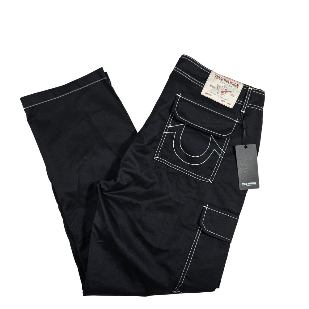 True Religion Mens 36x32 Jet Black Contrast Stitch Cargo Pants 108335